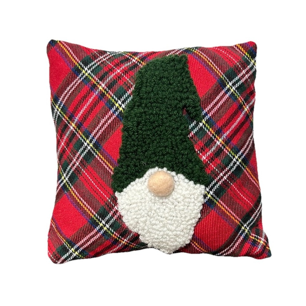 Christmas Gnome Plaid Throw Pillow Red Green Tartan Holiday Decorative Cushion